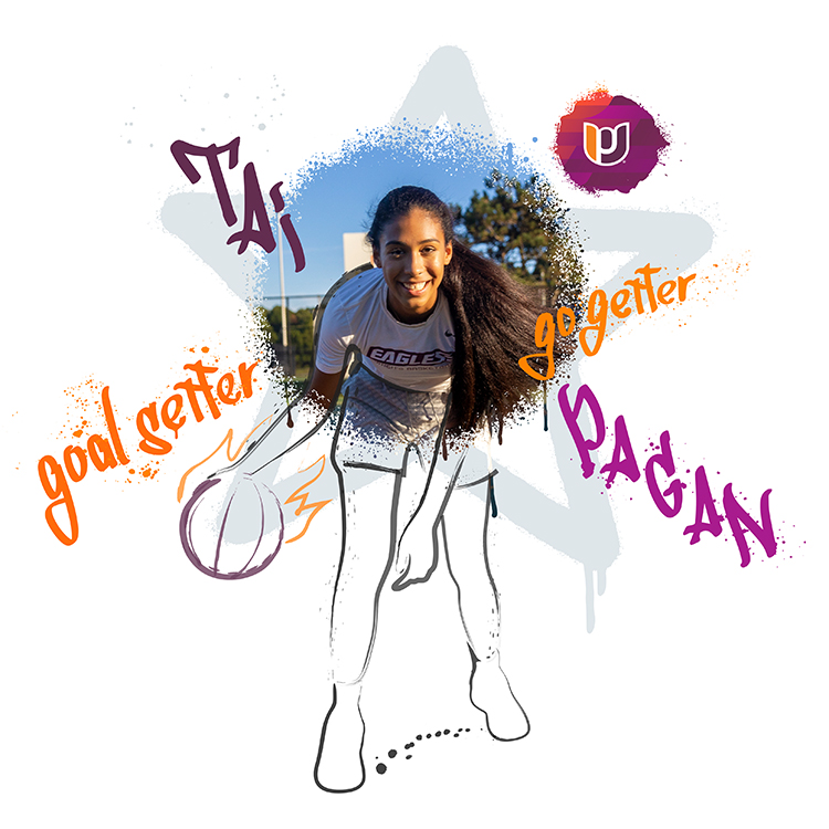 An illustration of Tai Pagan dribbling a basketball surrounded by her name and the words 